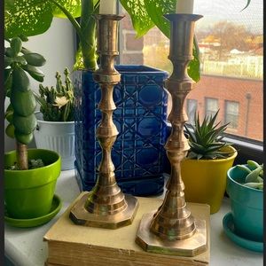 Mid-Century Modern Pair of Tall Brass Candlestick Holders, Vintage Brass Decor